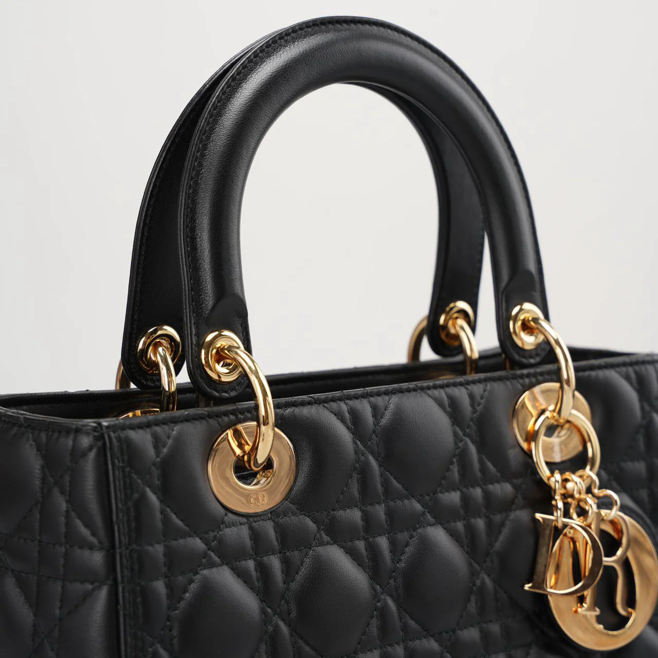 Dior Black Lady Dior Bag In Medium Size Cannage Lambskin Leather with GoId Hardware From 2016