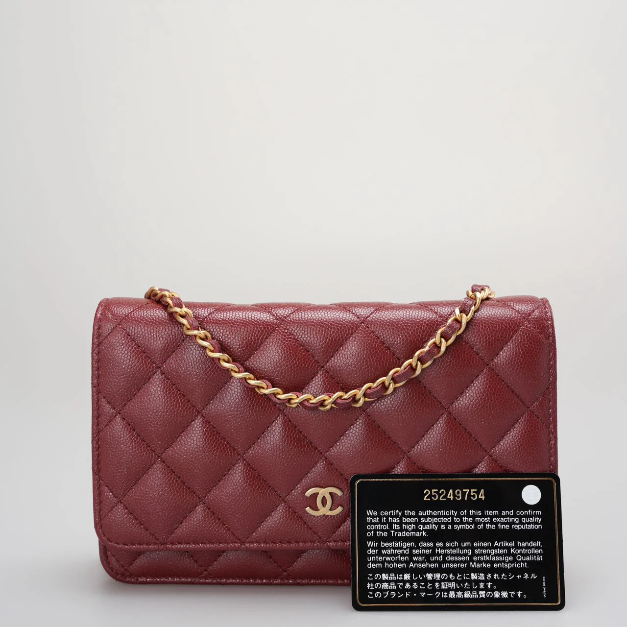 Chanel Burgundy Wallet On Chain Woc Bag In Caviar Leather With Gold Hardware