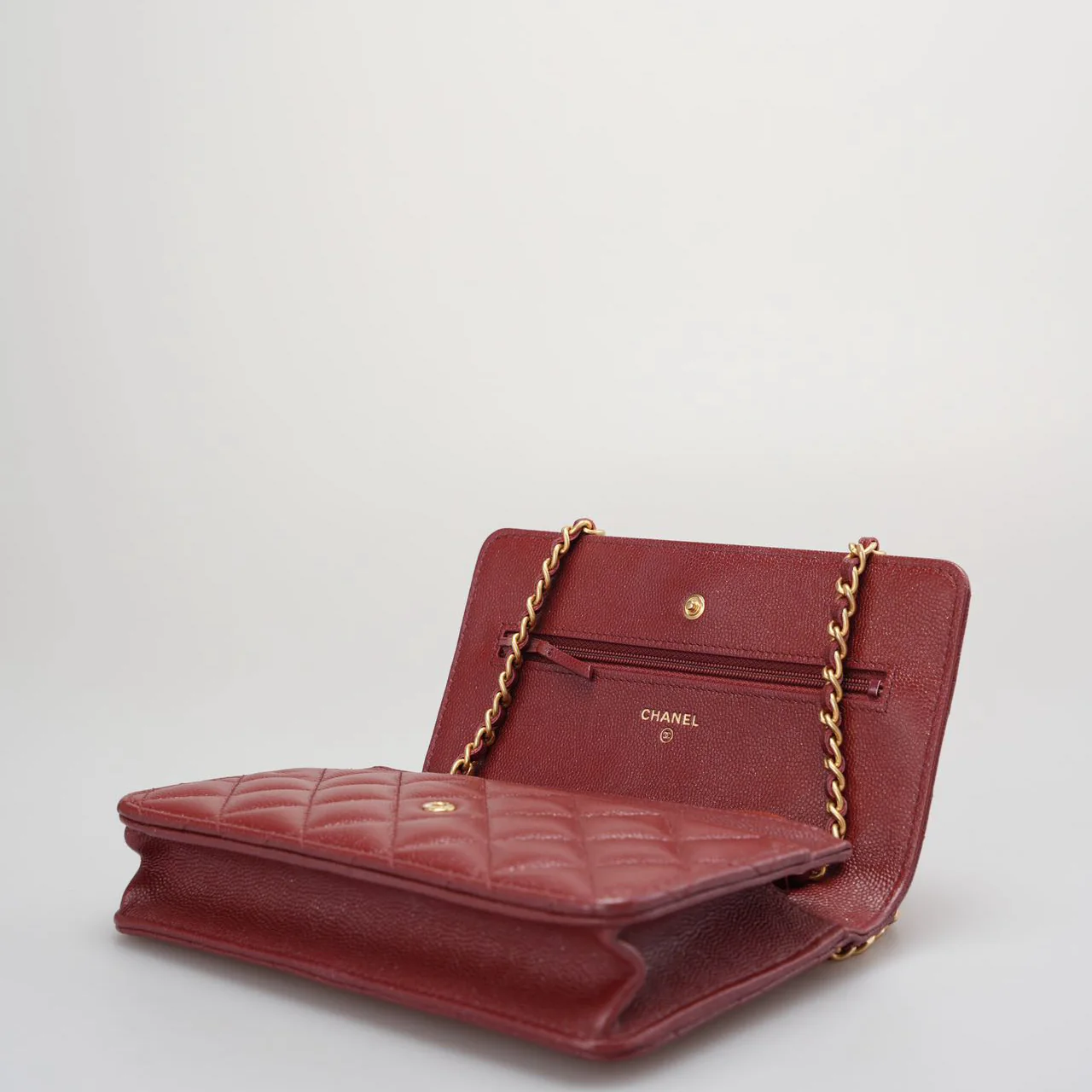 Chanel Burgundy Wallet On Chain Woc Bag In Caviar Leather With Gold Hardware