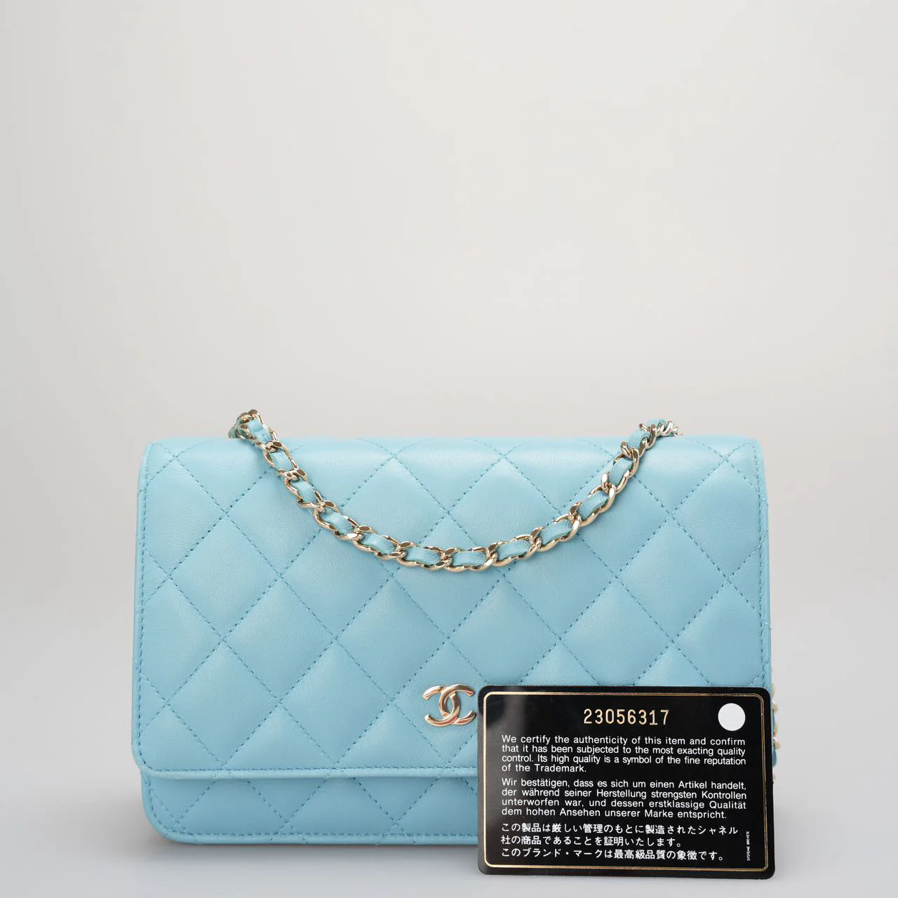 Chanel Light Blue Woc Wallet On Chain Classic Bag In Lambskin Leather With Gold Hardware