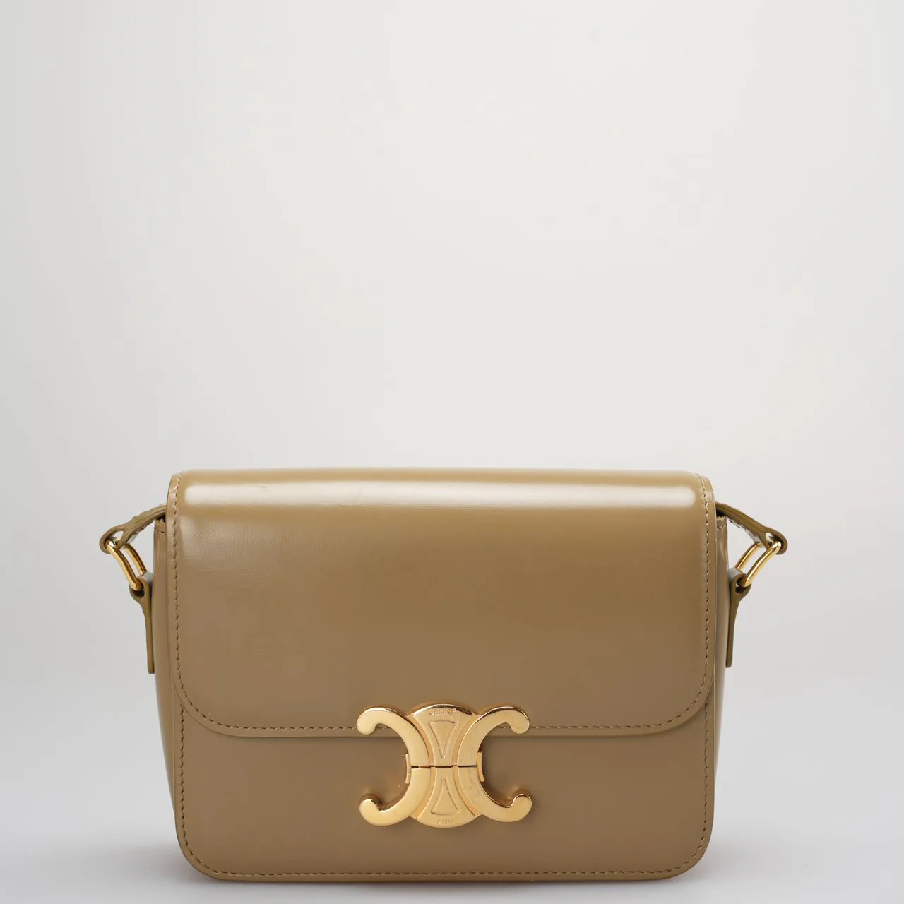 Pre-loved Celine Cassic Triomphe Bag In Shiny Calfskin Smoke Brown Color