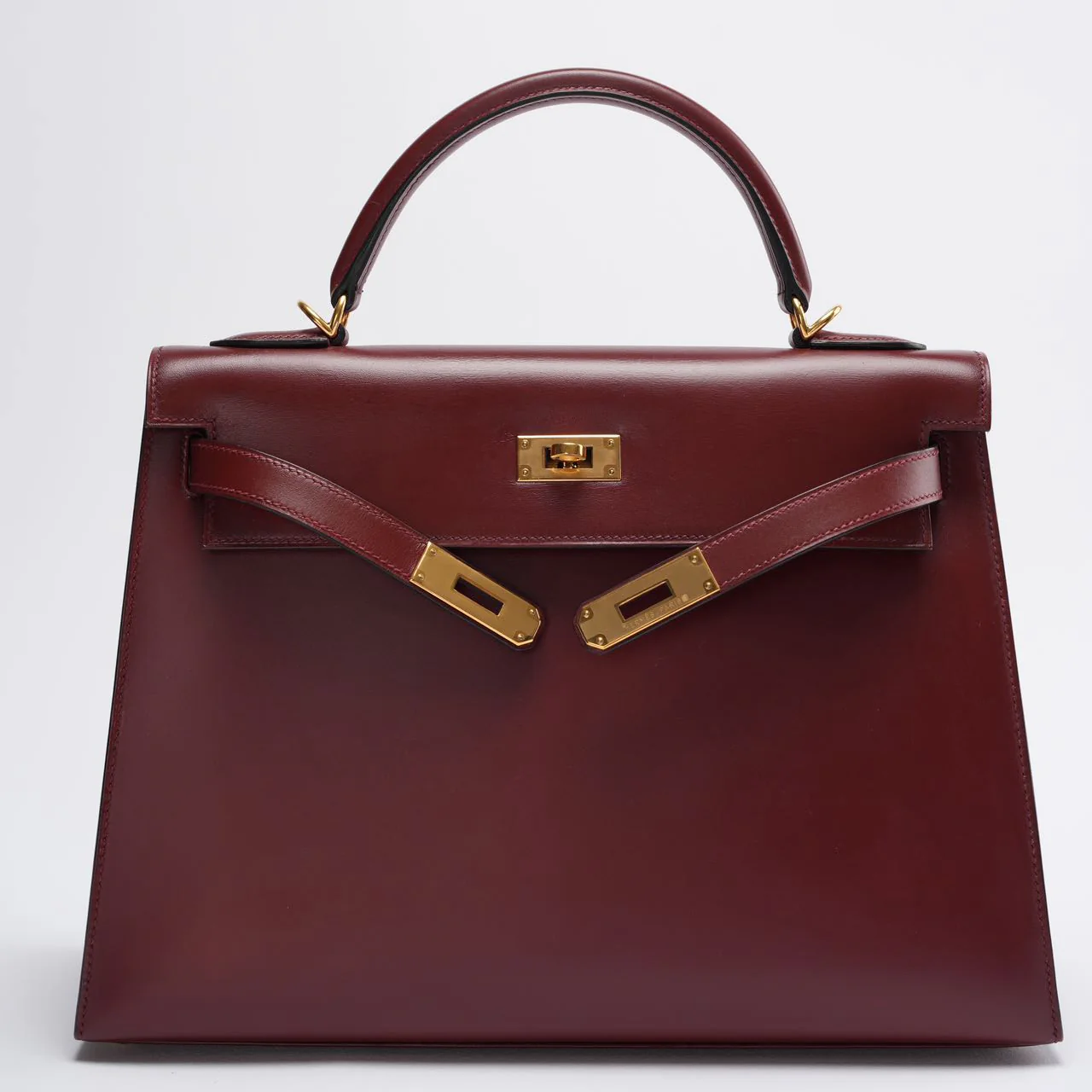 Hermes Kelly 32 Sellier Bag In Burgundy Box Leather With Gold Hardware from 2004