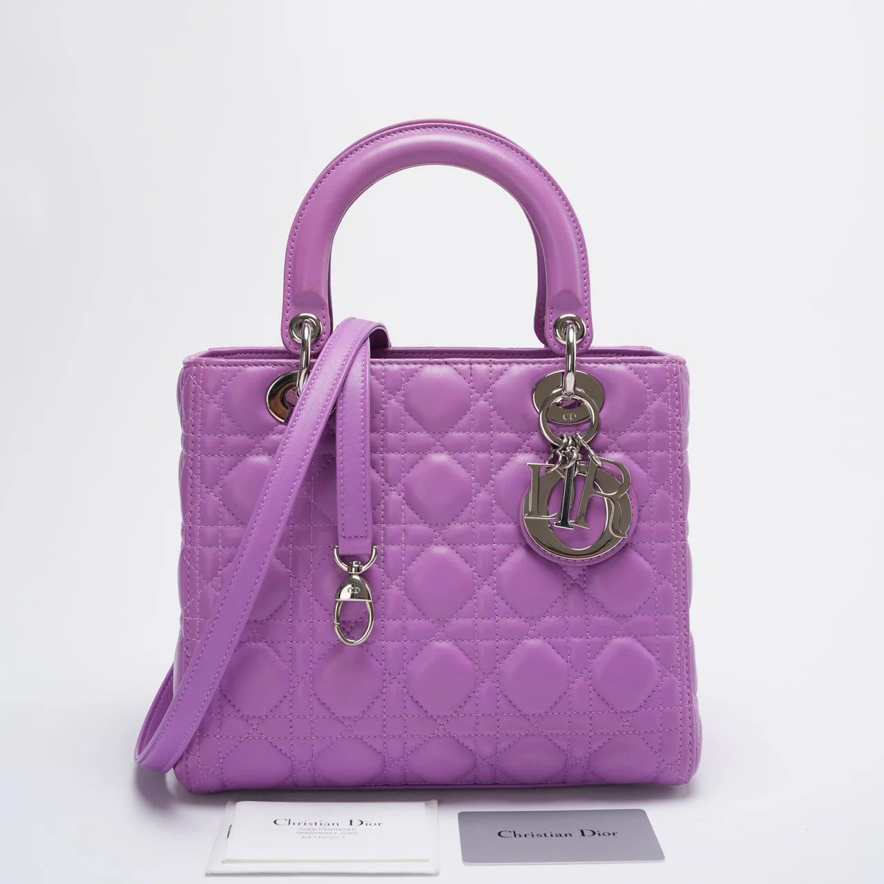 Dior Purple Lilac Lady Dior Medium Bag in Cannage Lambskin Leather with Silver Hardware