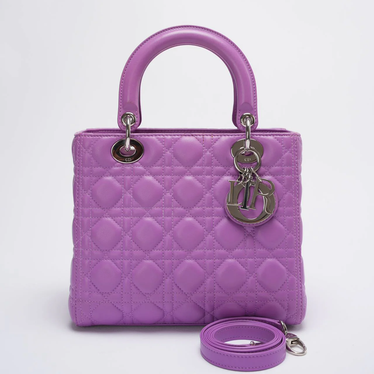 Dior Purple Lilac Lady Dior Medium Bag in Cannage Lambskin Leather with Silver Hardware