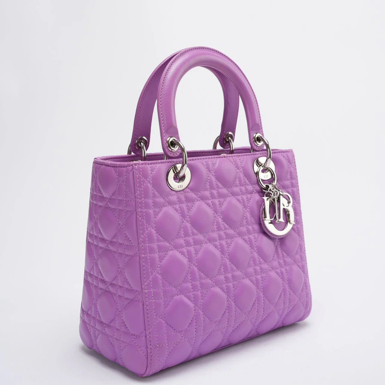 Dior Purple Lilac Lady Dior Medium Bag in Cannage Lambskin Leather with Silver Hardware