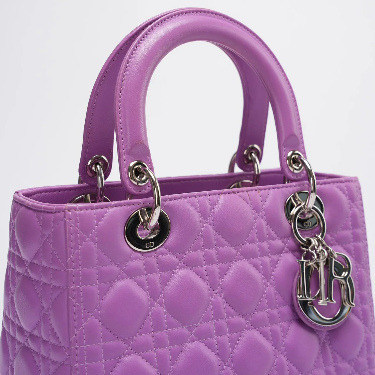 Dior Purple Lilac Lady Dior Medium Bag in Cannage Lambskin Leather with Silver Hardware