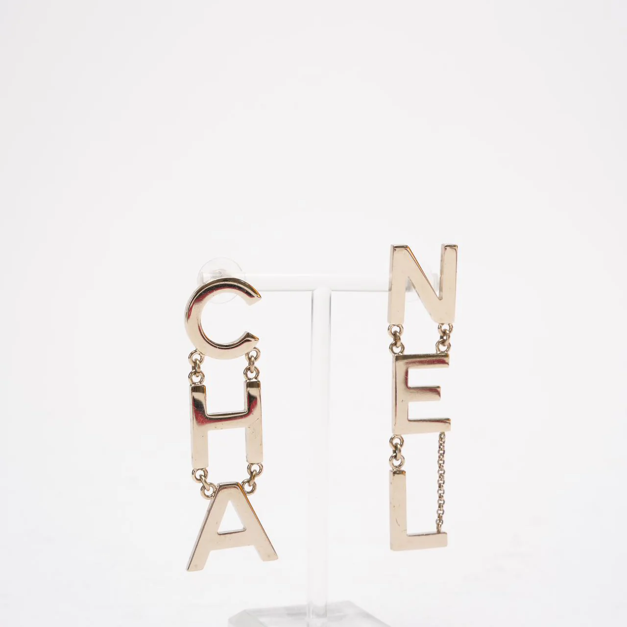 Chanel Gold Metal 'CHA' 'NEL' Logo Letter Drop Earrings