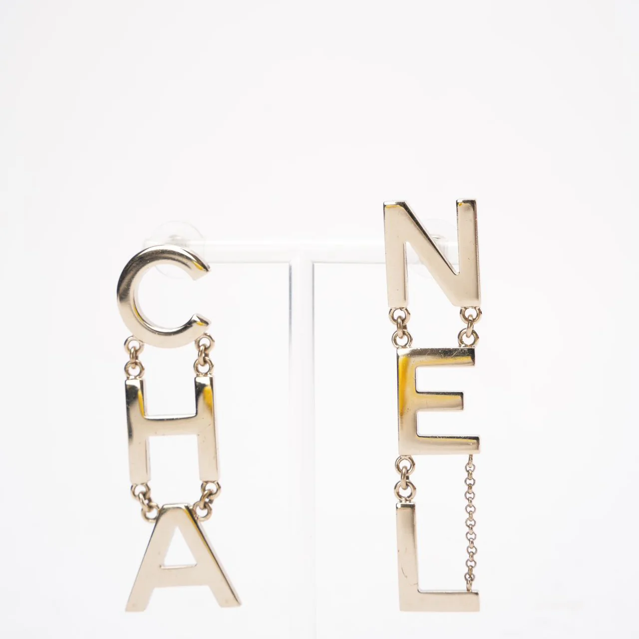 Chanel Gold Metal 'CHA' 'NEL' Logo Letter Drop Earrings