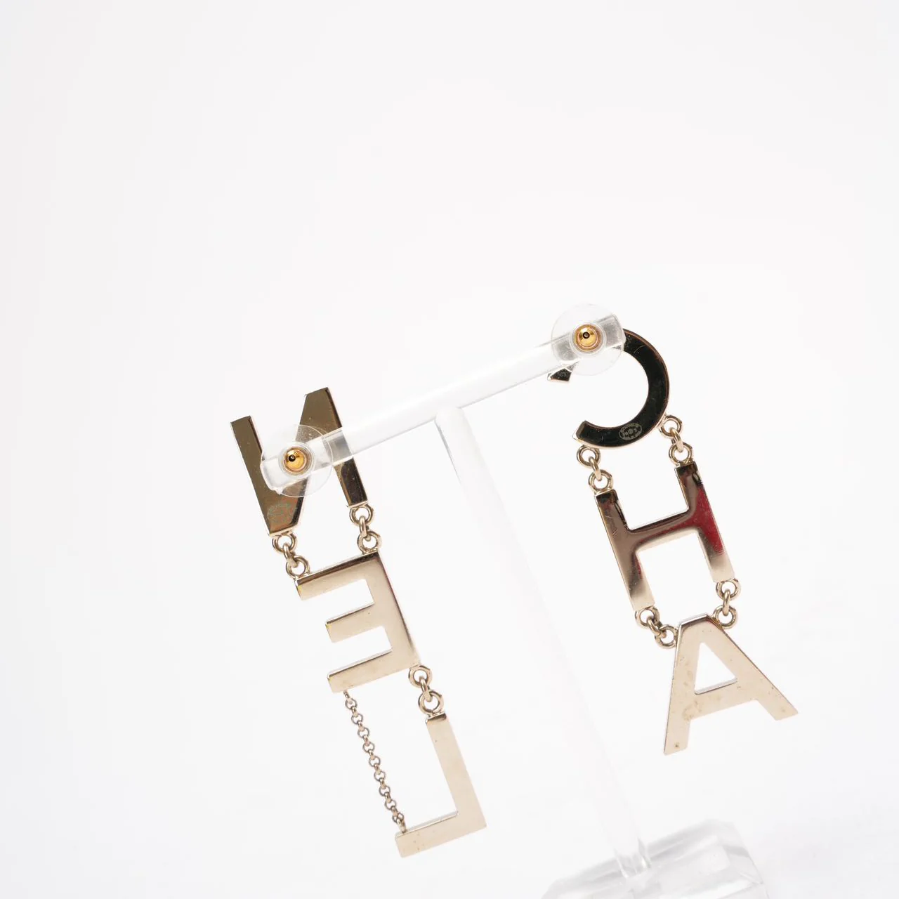 Chanel Gold Metal 'CHA' 'NEL' Logo Letter Drop Earrings