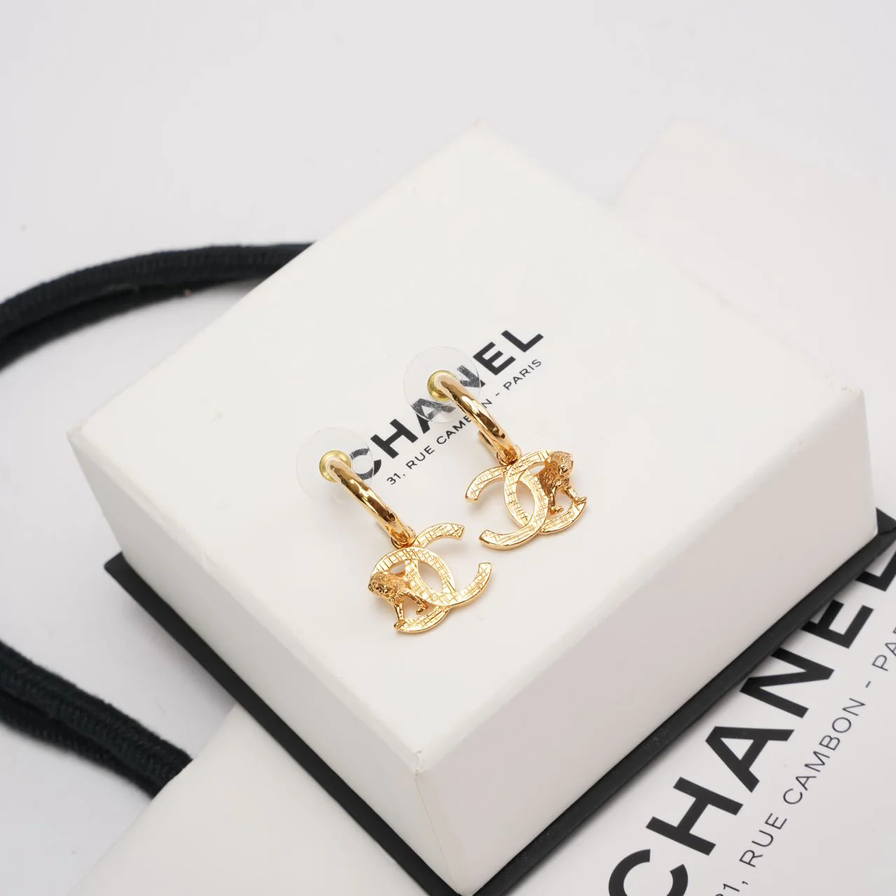 Chanel Gold Tone Metal CC Mark Lion Hoop Earring
