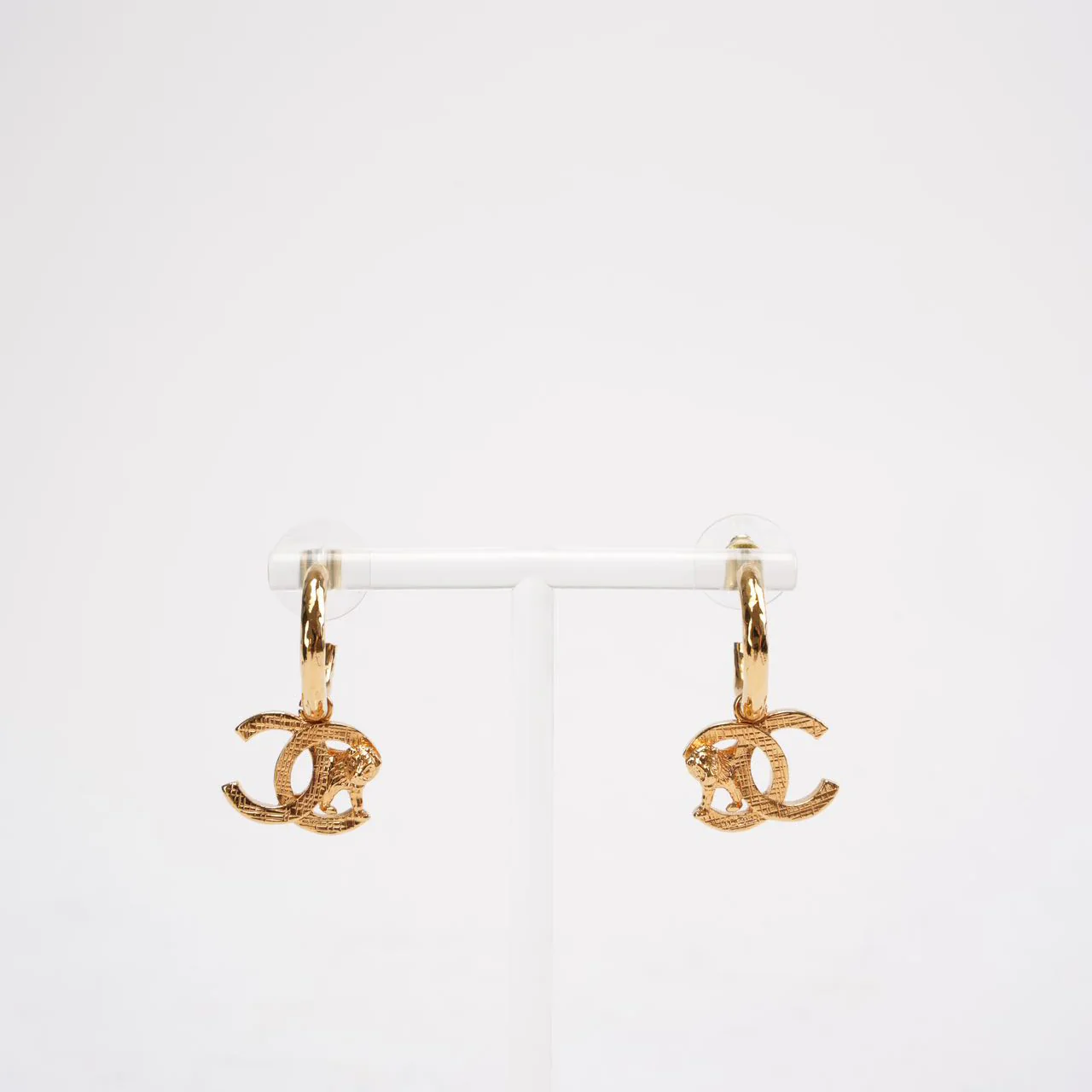 Chanel Gold Tone Metal CC Mark Lion Hoop Earring