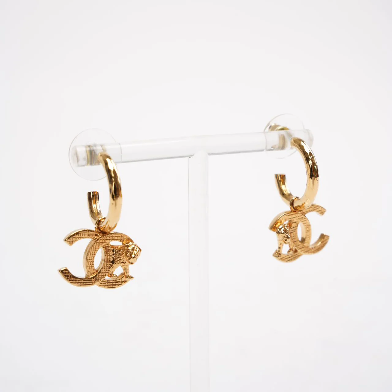 Chanel Gold Tone Metal CC Mark Lion Hoop Earring