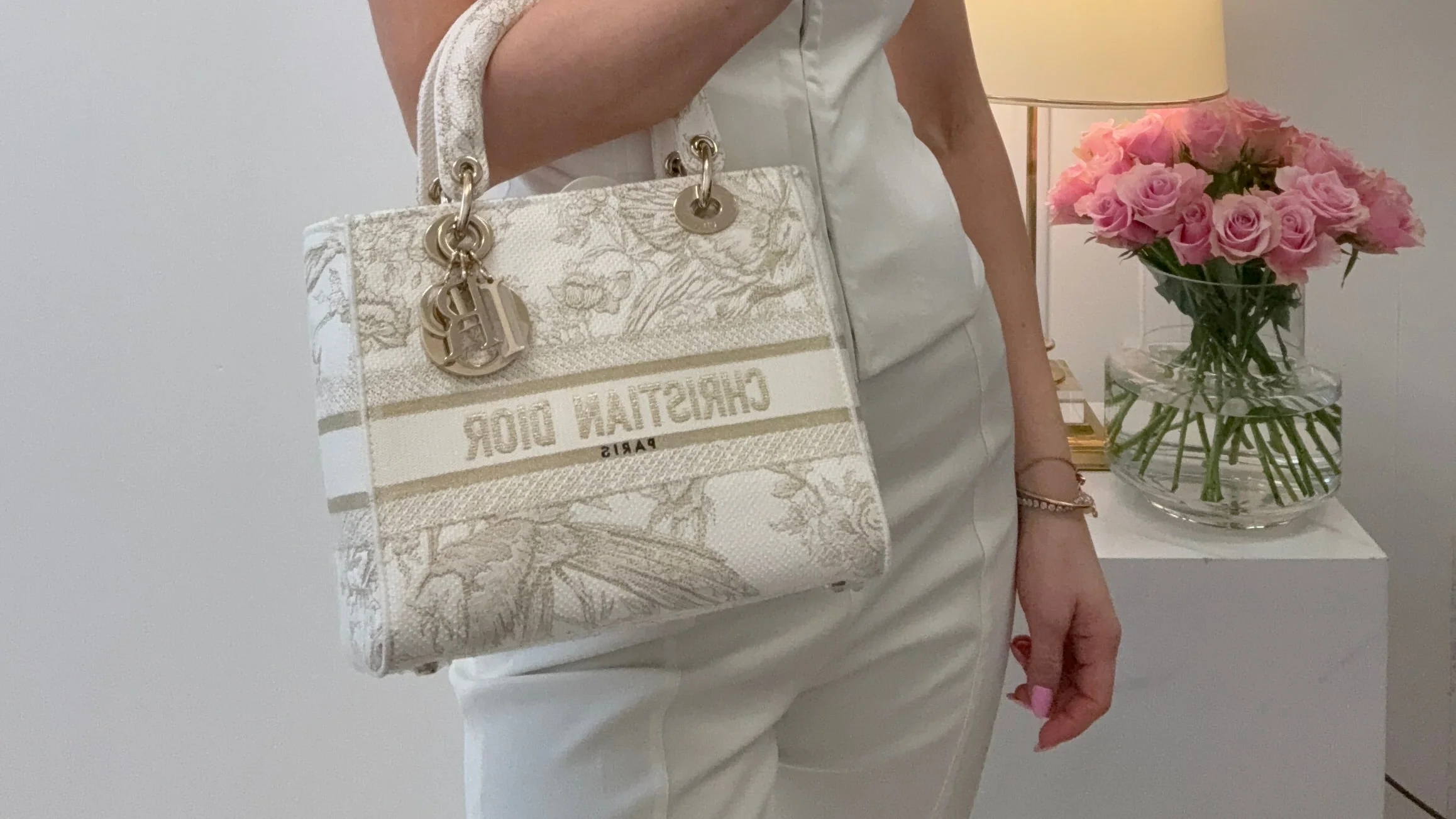 Christian Dior White / Gold Canvas Reverse Embroidered Toile De Joy Medium Lady D-Lite