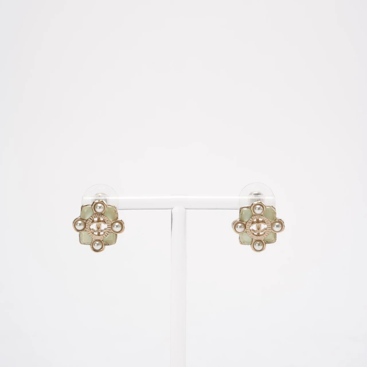 Chanel Gold CC Resin and Faux Pearl Push Back Earrings