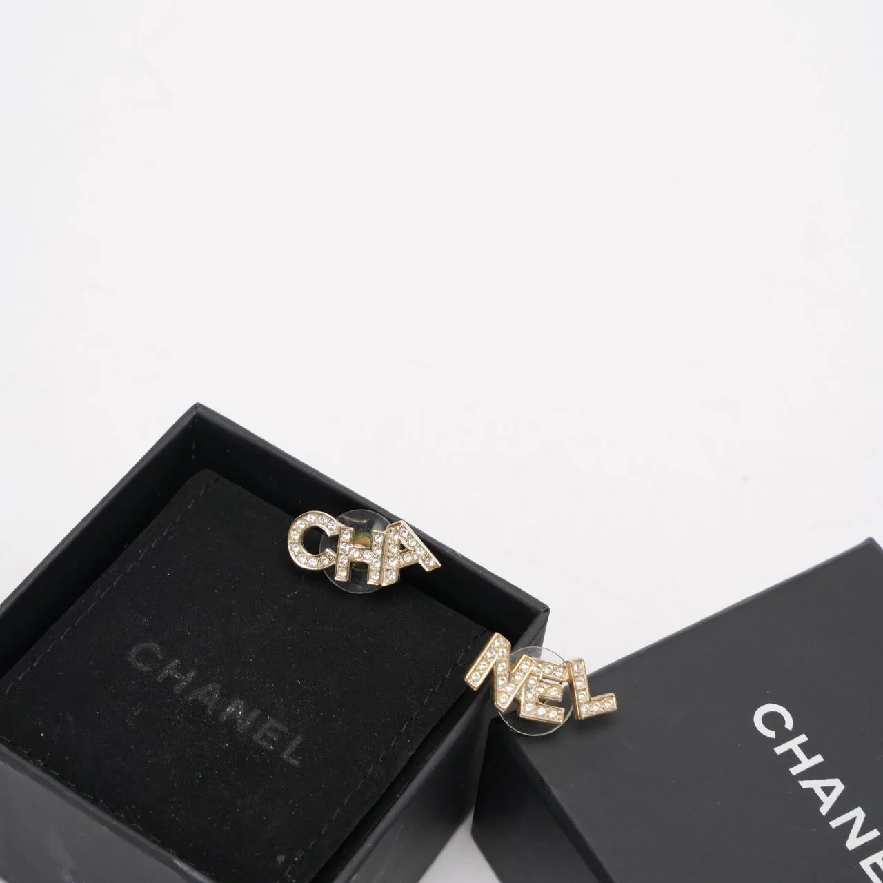 Chanel Gold Metal And Crystal Logo Letter Stud Earrings