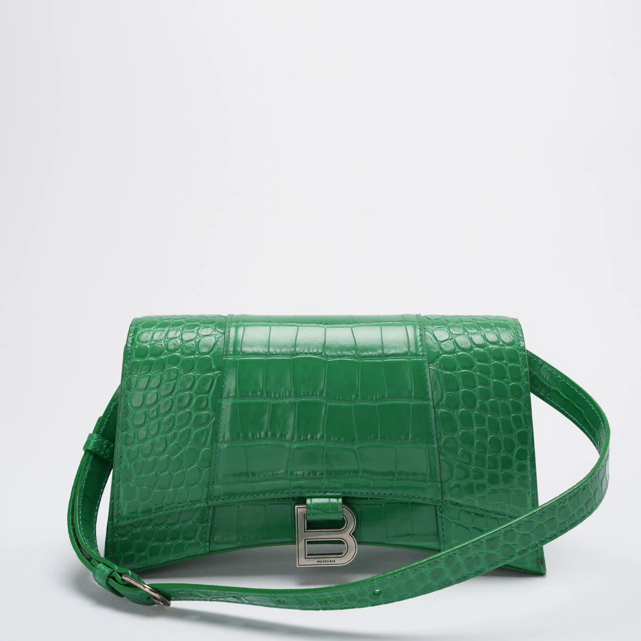 Balenciaga Shiny Calfskin Crocodile Embossed Small Hourglass Sling Shoulder Bag Leaf Green