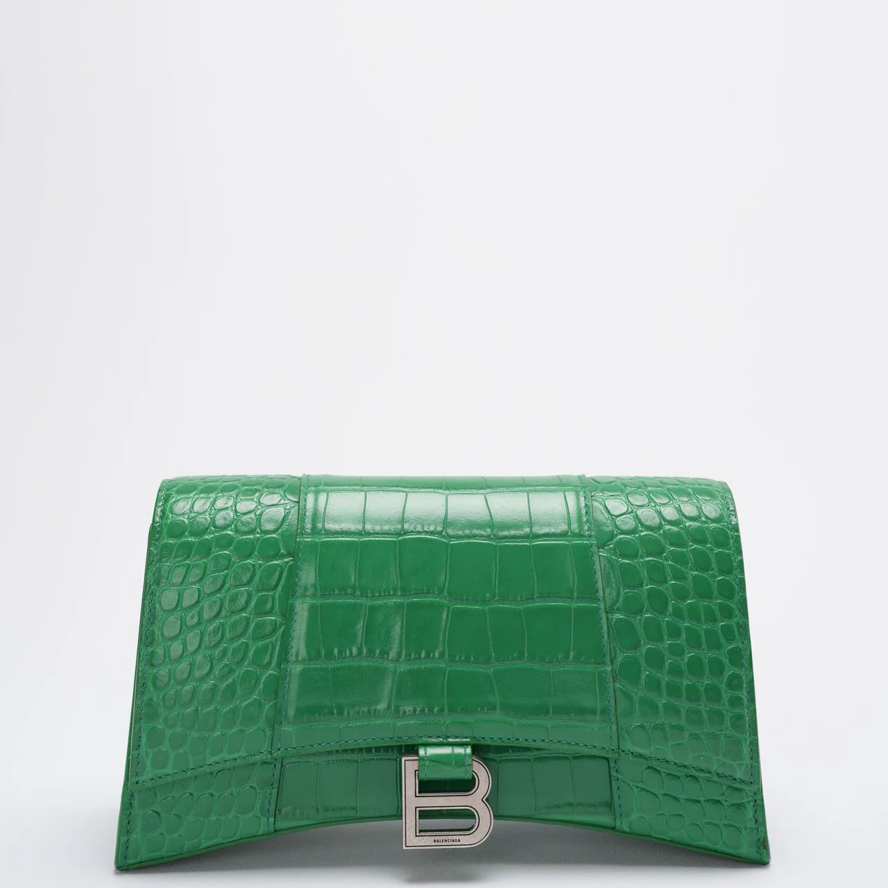 Used Balanciaga Shiny Calfskin Crocodile Embossed Small Hourglass Sling Shoulder Bag Leaf Green front 