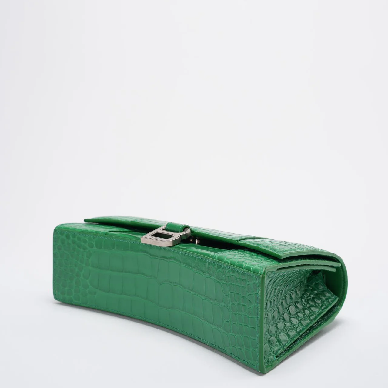Balanciaga Shiny Calfskin Crocodile Embossed Small Hourglass Sling Shoulder Bag Leaf Green Corner