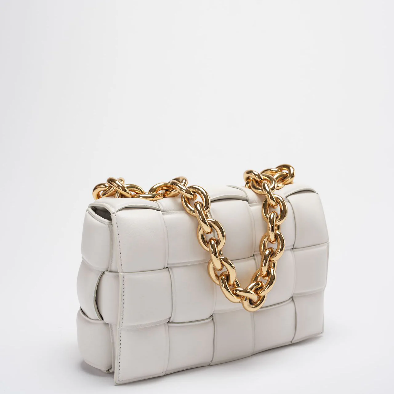 Bottega Veneta White Padded Chain Cassette Crossbody Bag Lambskin Leather Side
