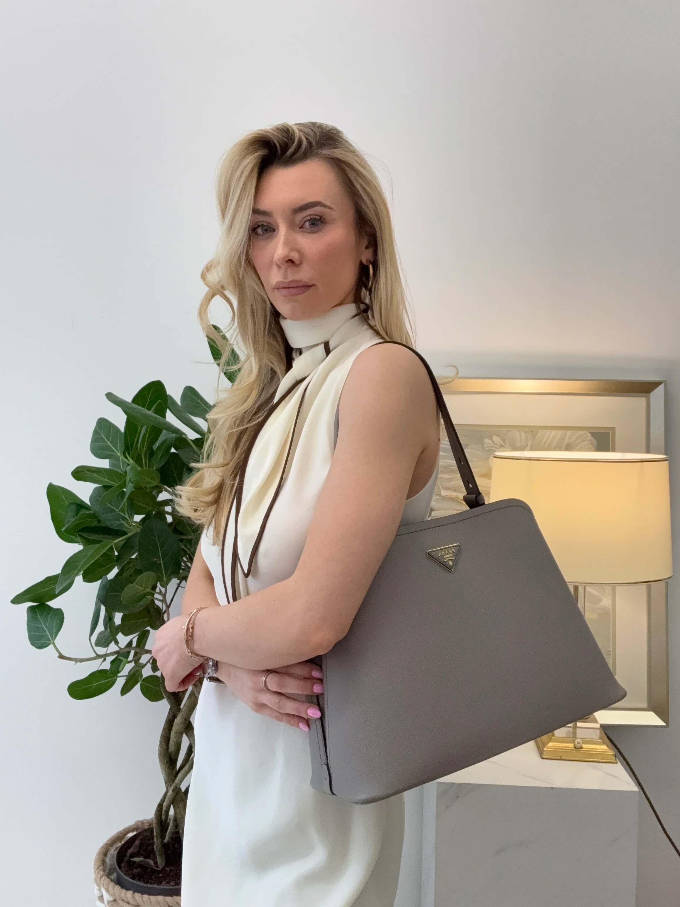 Prada Gray Saffiano Matinee Medium Bag