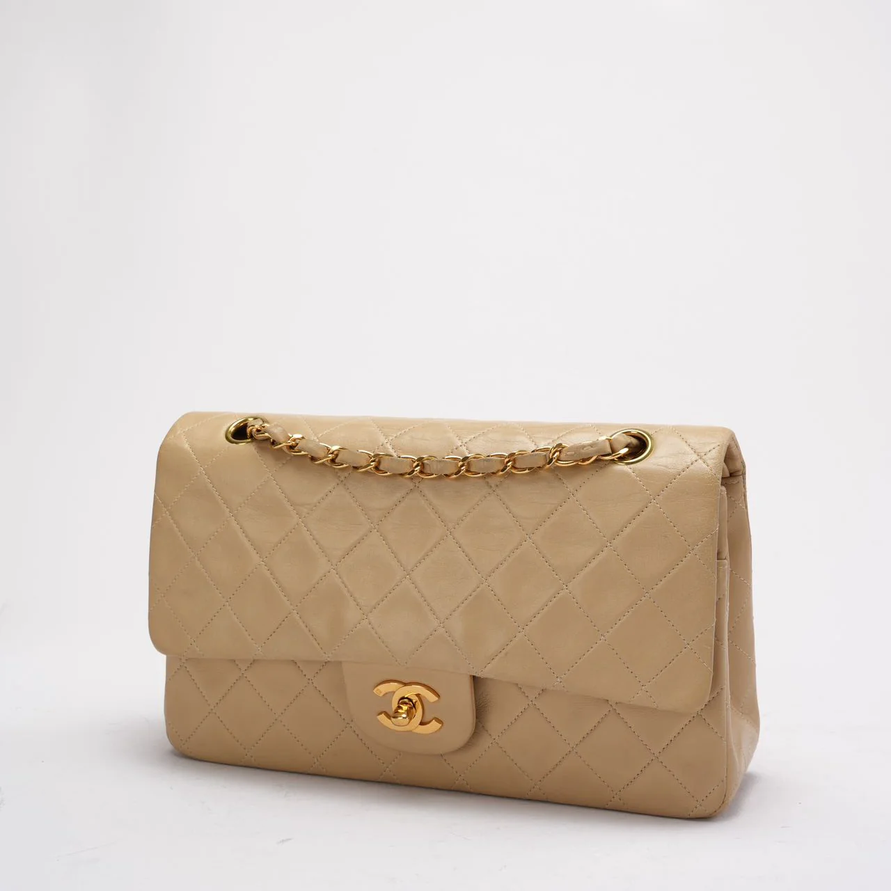 Chanel Vintage Beige Lambskin Medium Double Flap 1997
