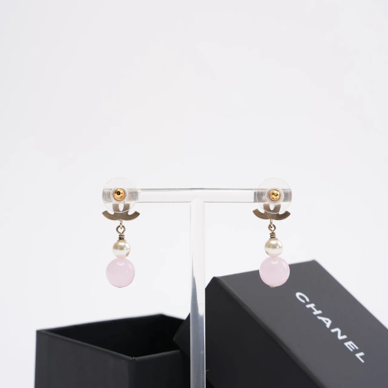 Chanel Gold Plated Faux Pearl & Pink Bead CC Drop Earrings