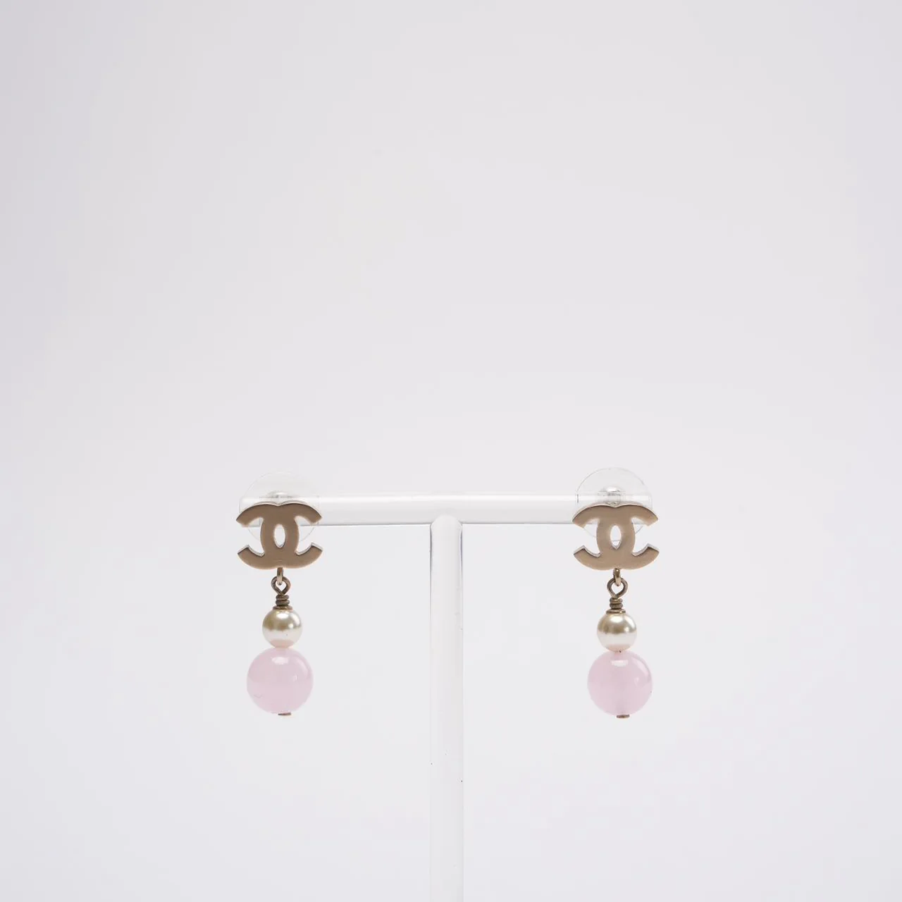 Chanel Gold Plated Faux Pearl & Pink Bead CC Drop Earrings