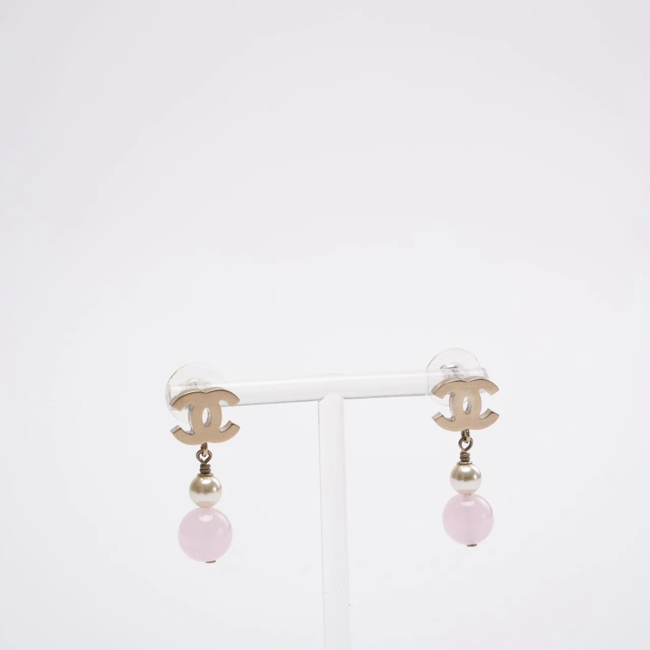 Chanel Gold Plated Faux Pearl & Pink Bead CC Drop Earrings