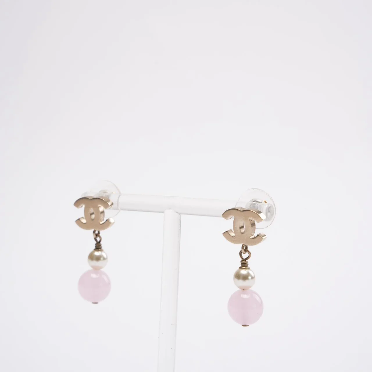 Chanel Gold Plated Faux Pearl & Pink Bead CC Drop Earrings