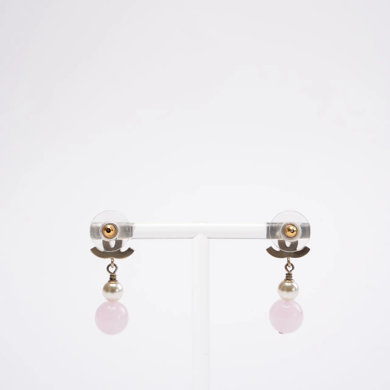 Chanel Gold Plated Faux Pearl & Pink Bead CC Drop Earrings