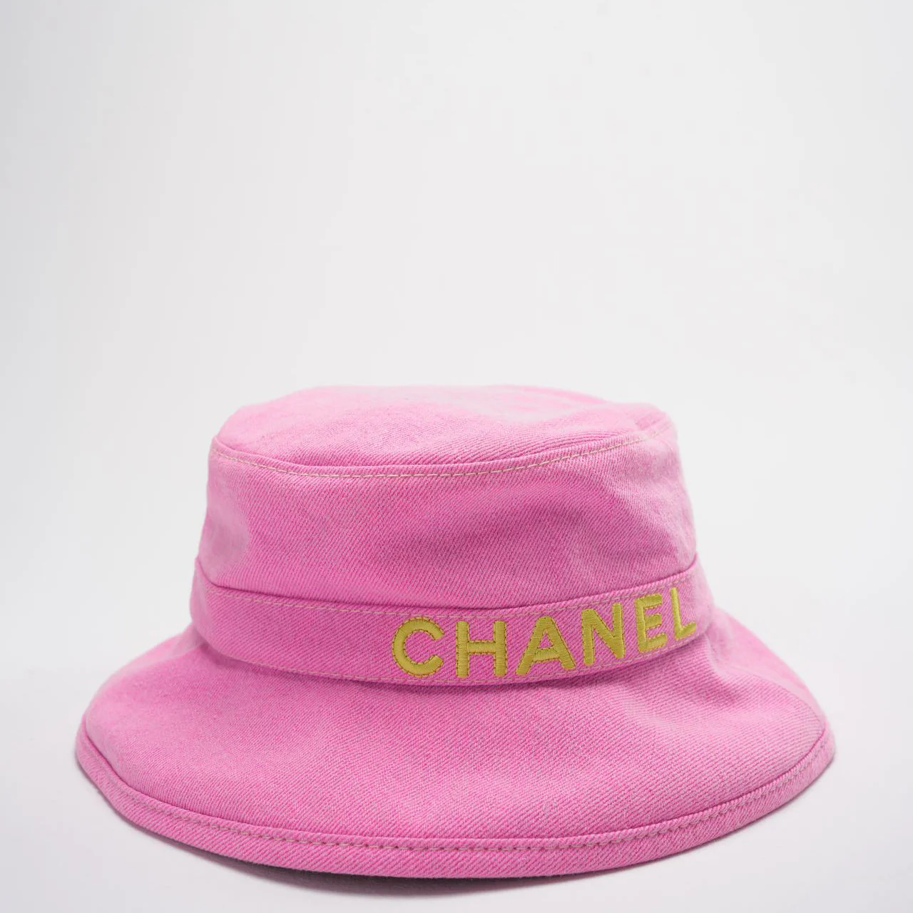 Chanel Denim Bucket Hat in Pink with Yellow Chanel Logo Size M