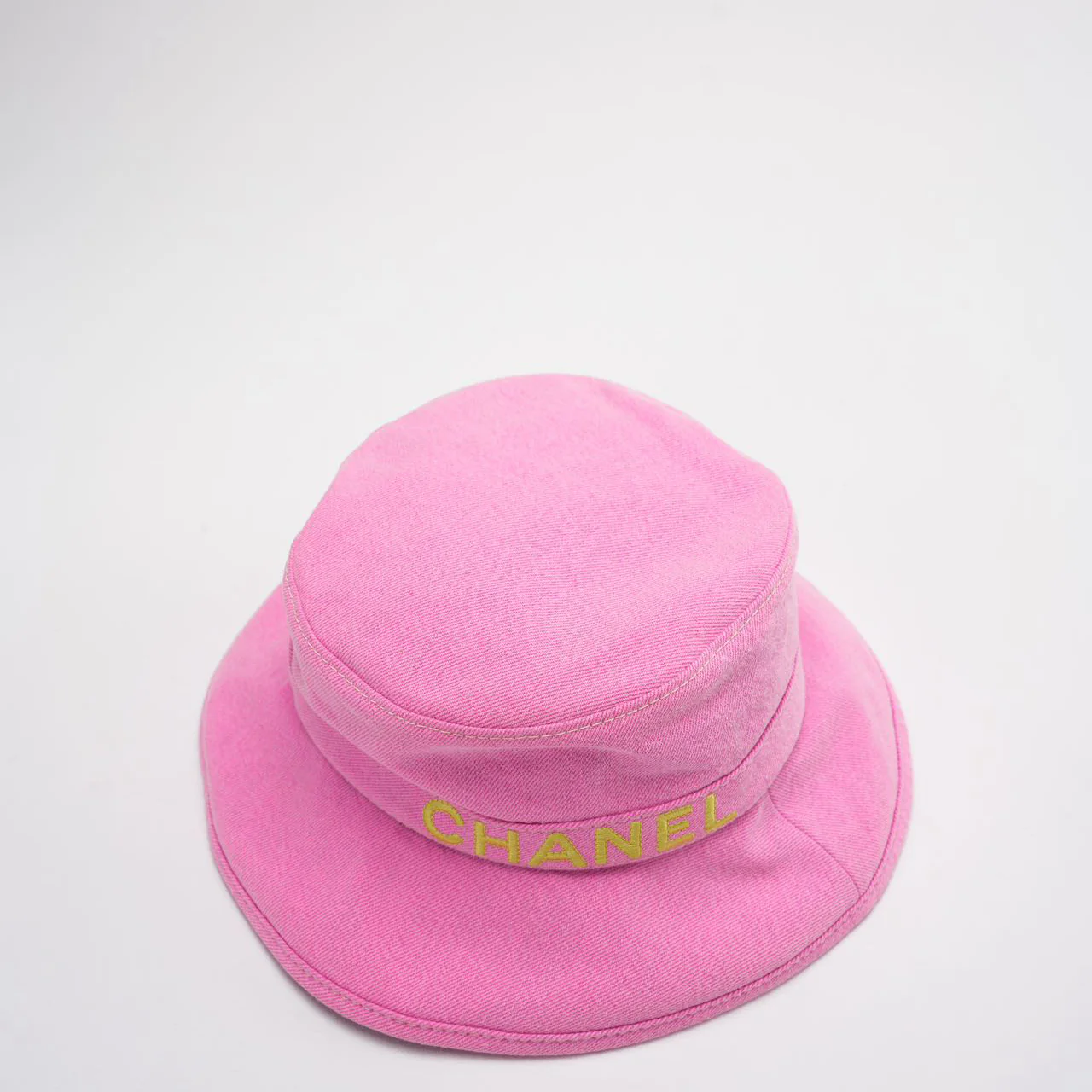 Chanel Denim Bucket Hat in Pink with Yellow Chanel Logo Size M Back