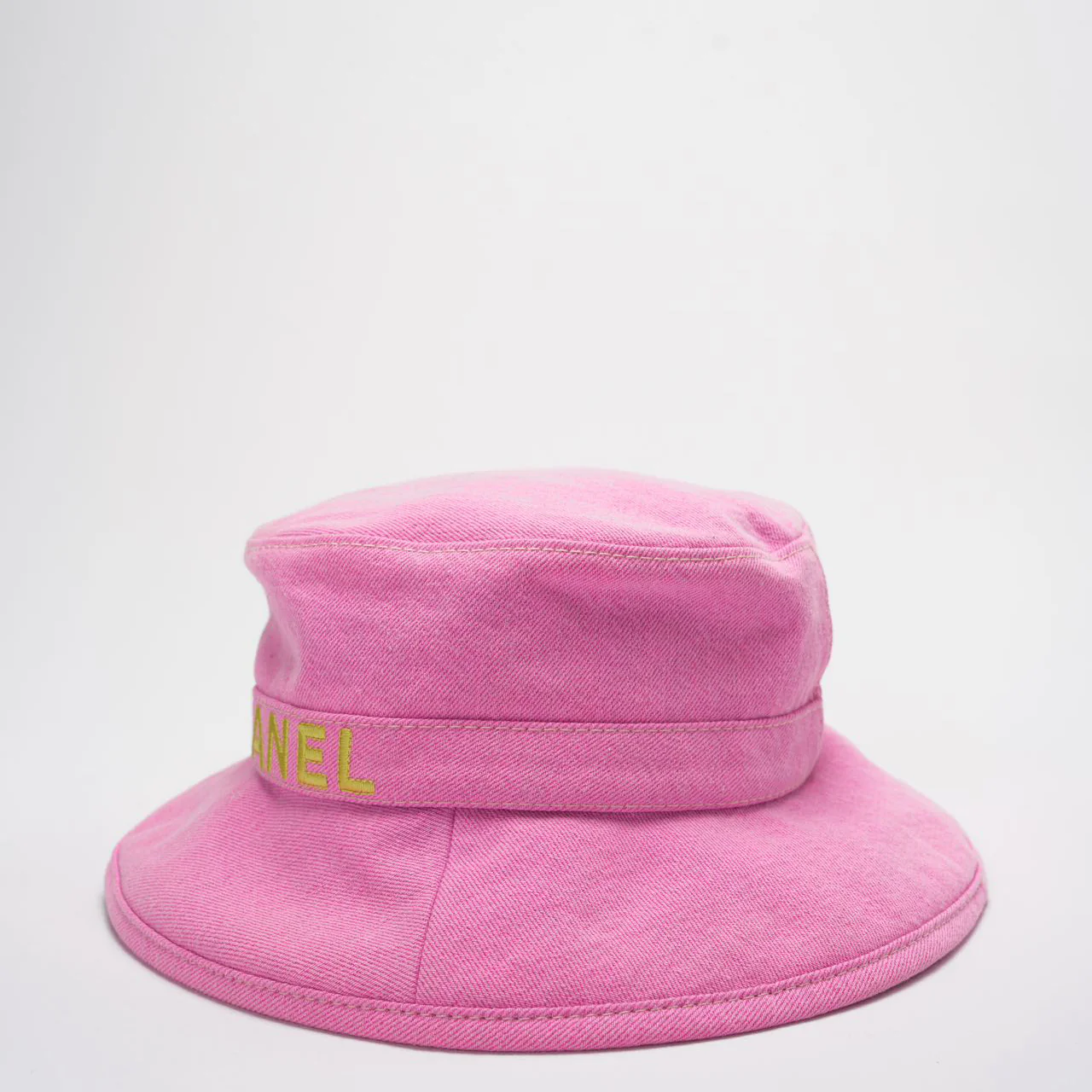Chanel Denim Bucket Hat in Pink with Yellow Chanel Logo Size M Side