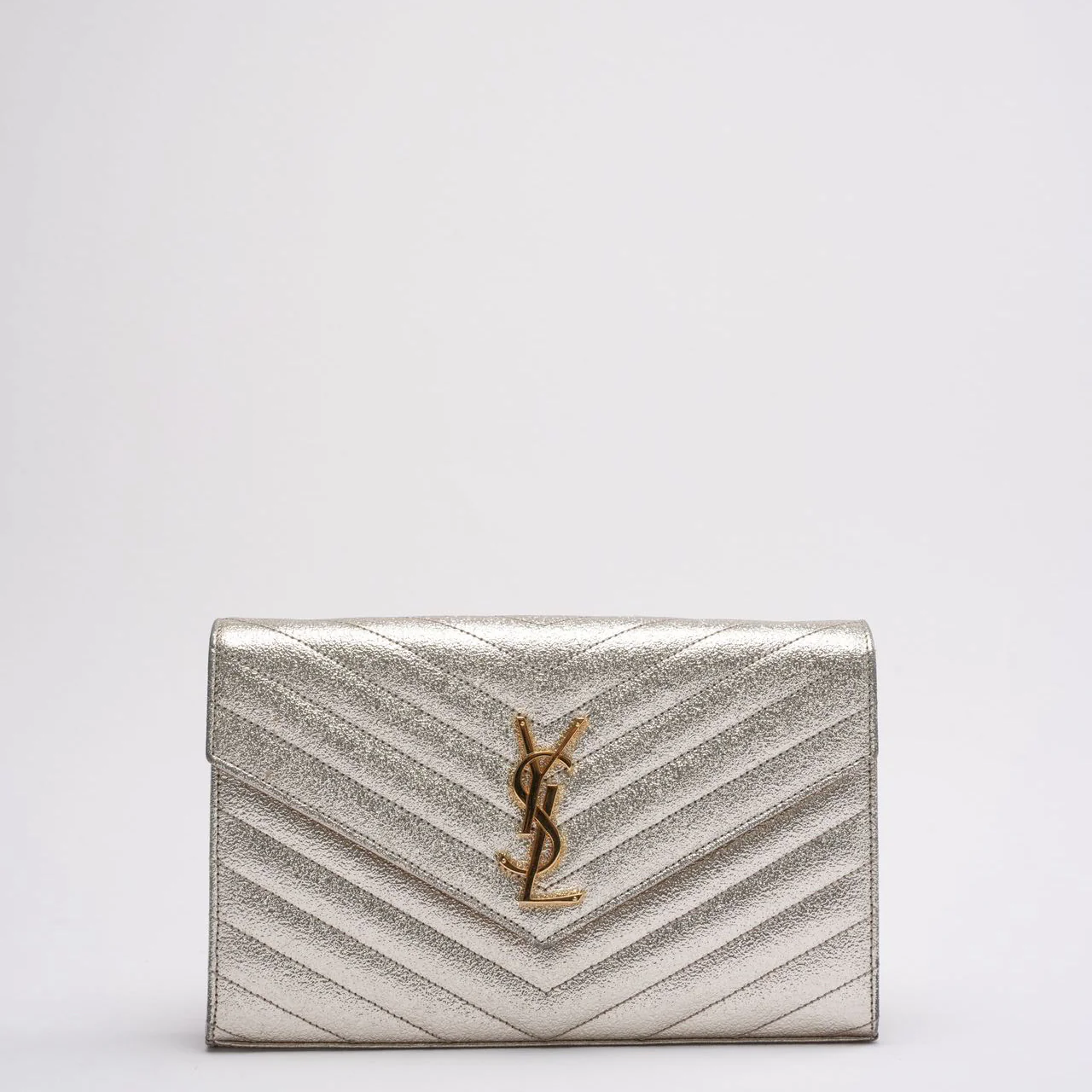 Saint Laurent Silver Chevron Monogram Envelope Chain Wallet