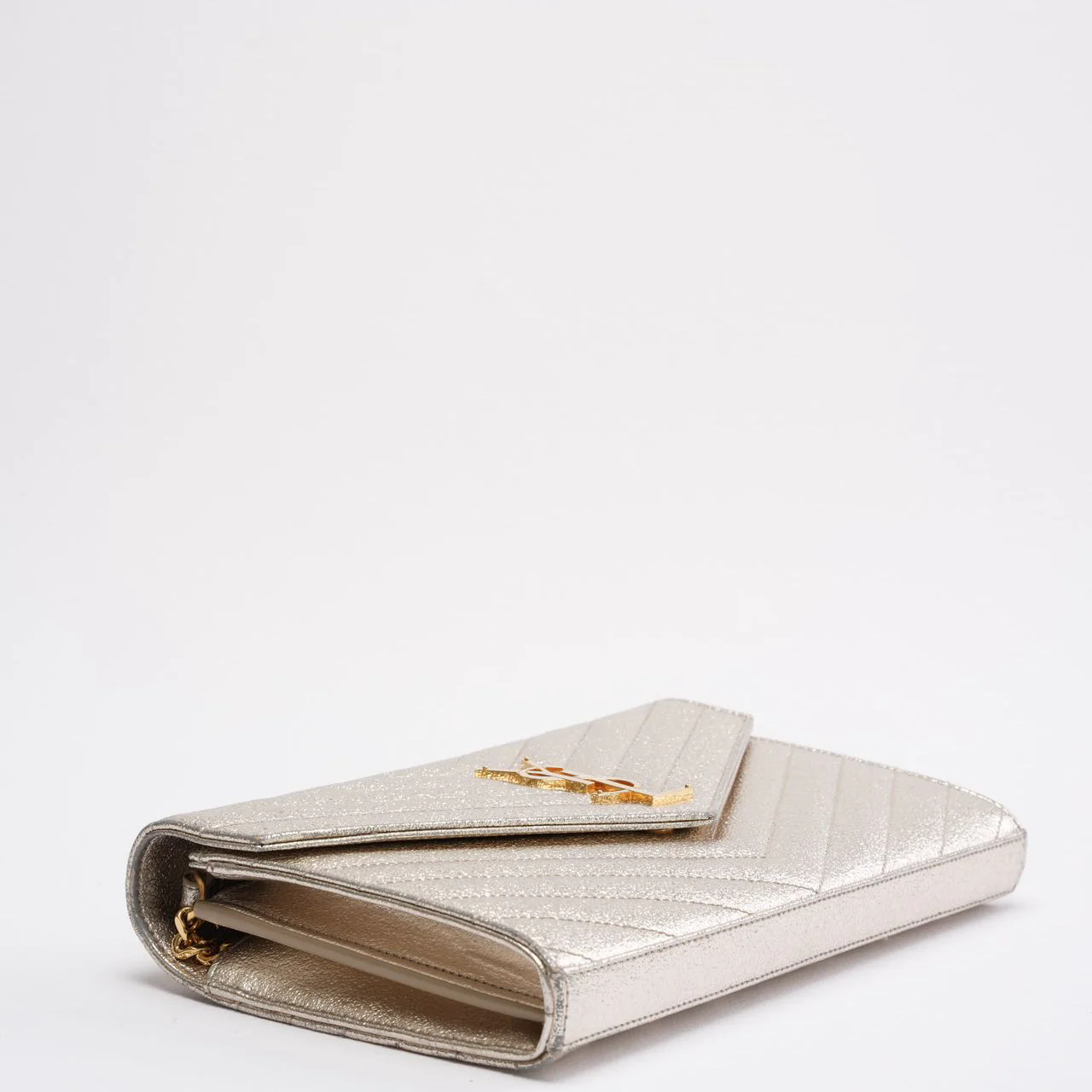 Saint Laurent Silver Chevron Monogram Envelope Chain Wallet