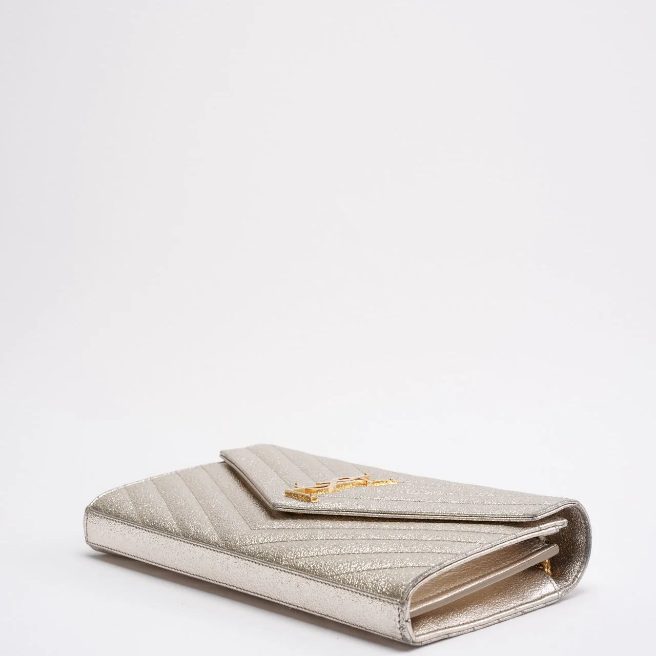 Saint Laurent Silver Chevron Monogram Envelope Chain Wallet