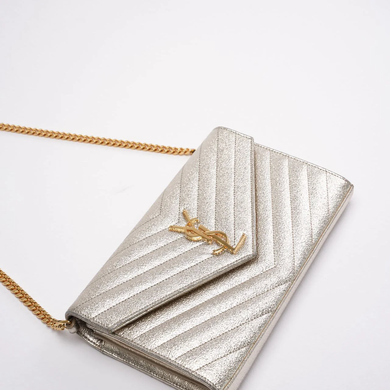 Saint Laurent Silver Chevron Monogram Envelope Chain Wallet