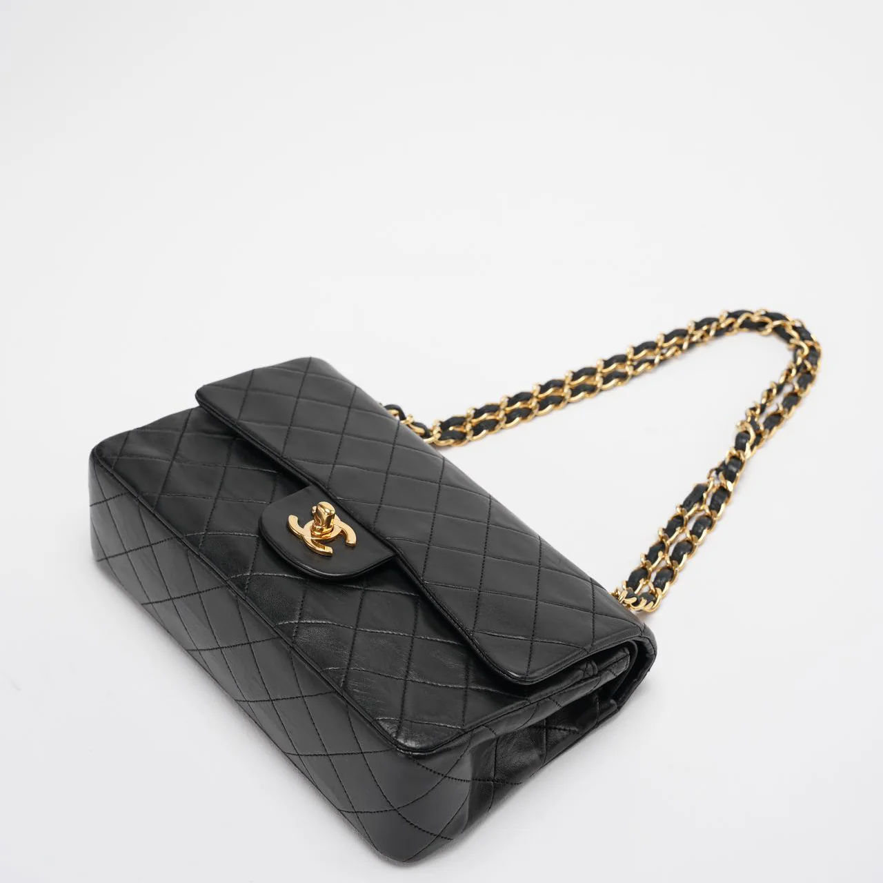 Chanel Vintage Classic Timeless Flap Bag  Black Lambskin with 24K Gold Hardware (Rare) Corner