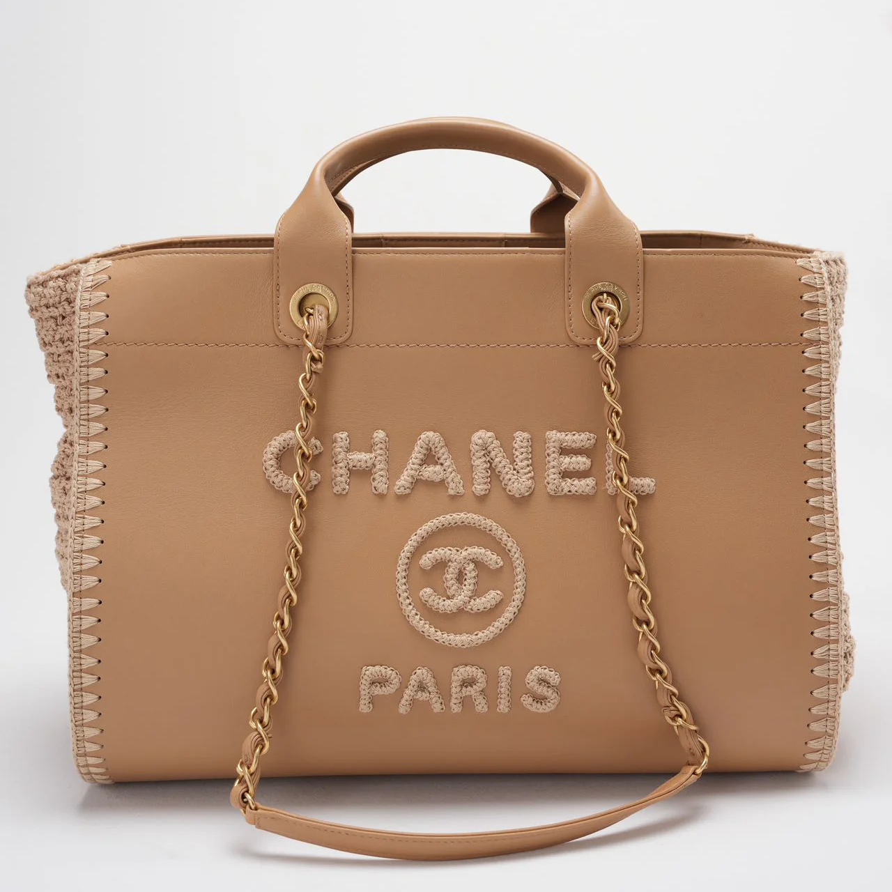Chanel Deauville Medium Tote Bag in Camel Calfskin Knit with Gold-Tone Hardware Front
