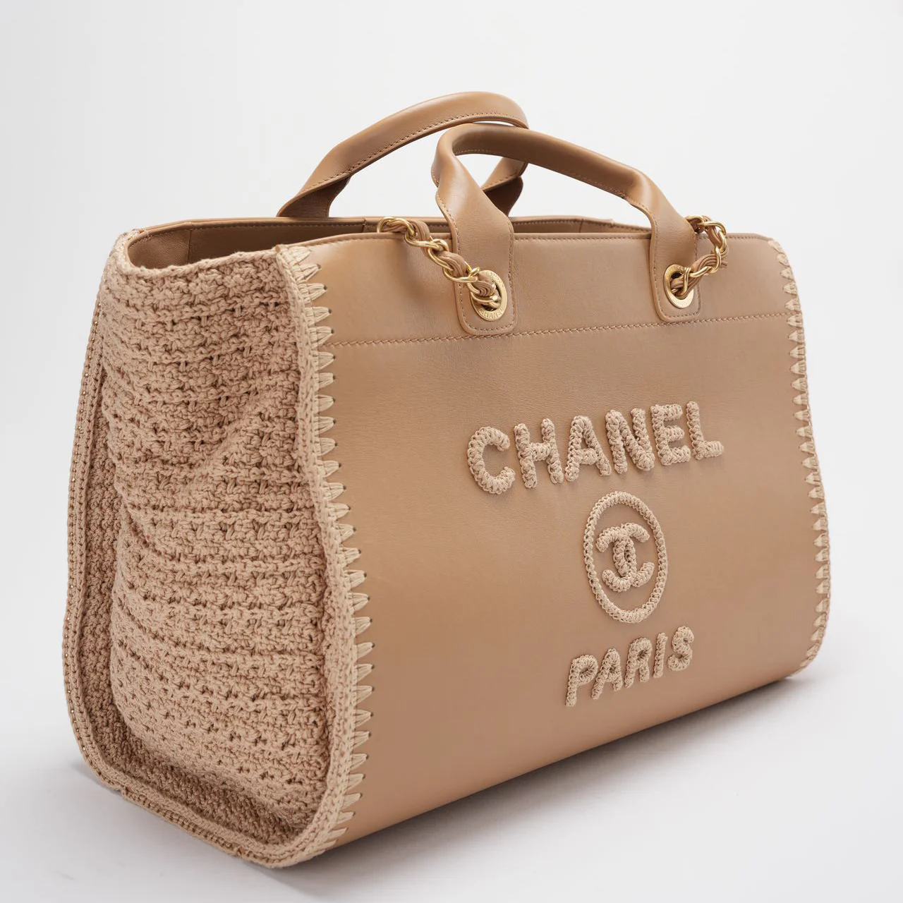 Chanel Deauville Medium Tote Bag in Camel Calfskin Knit with Gold-Tone Hardware Side