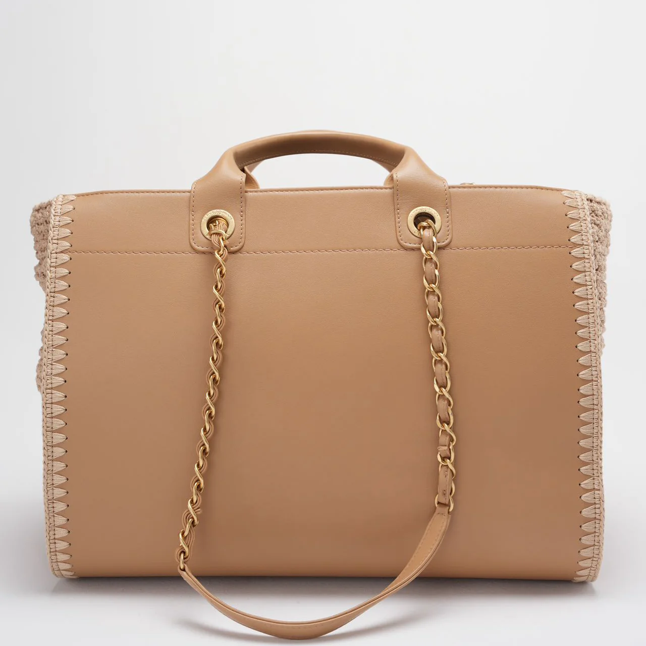 Chanel Deauville Medium Tote Bag in Camel Calfskin Knit with Gold-Tone Hardware Back