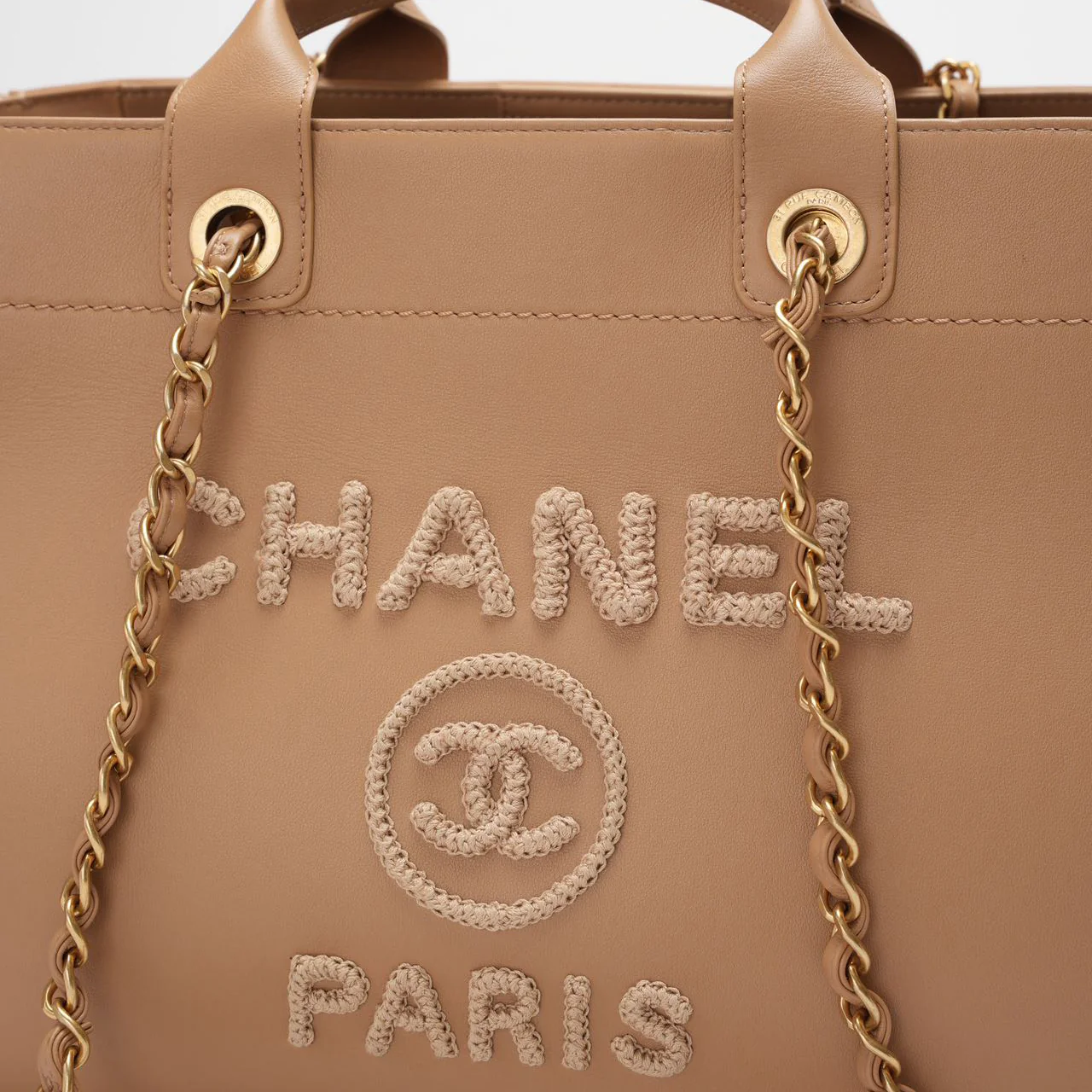 Chanel Deauville Tote Bag in Camel Calfskin Knit with Gold-Tone Hardware Medium