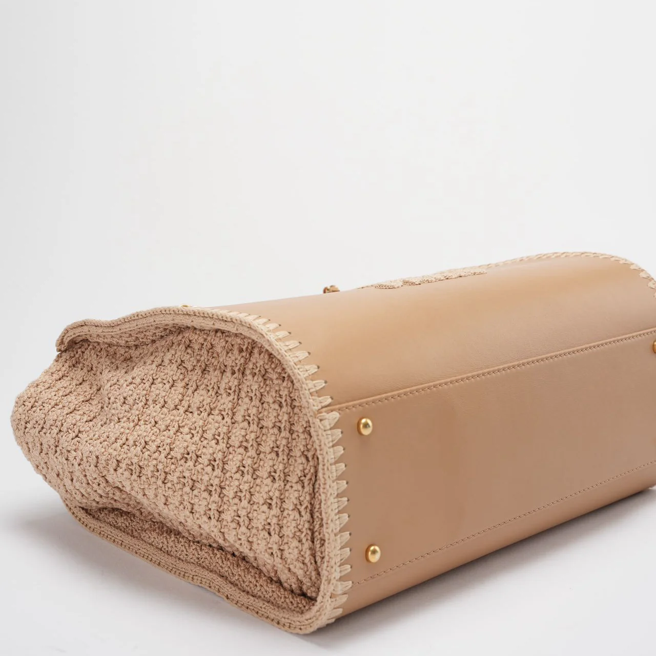 Chanel Deauville Medium Tote Bag in Camel Calfskin Knit with Gold-Tone Hardware Corner