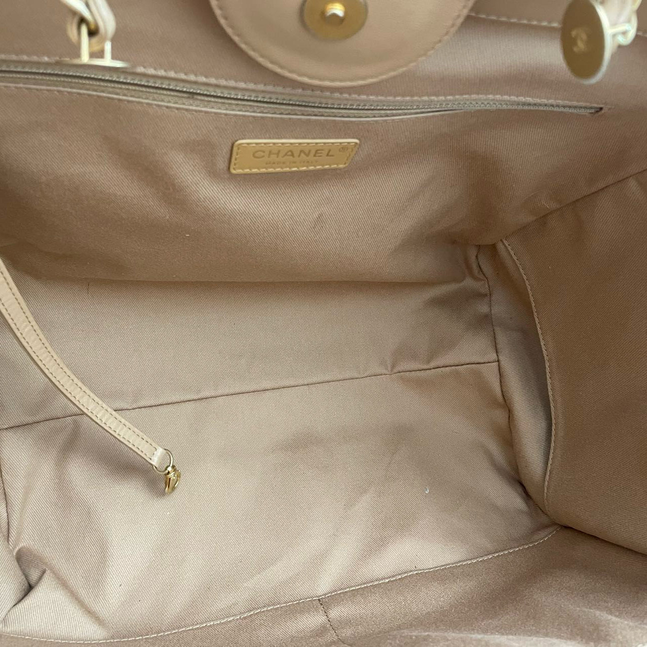 Chanel Deauville Medium Tote Bag in Camel Calfskin Knit with Gold-Tone Hardware Inside
