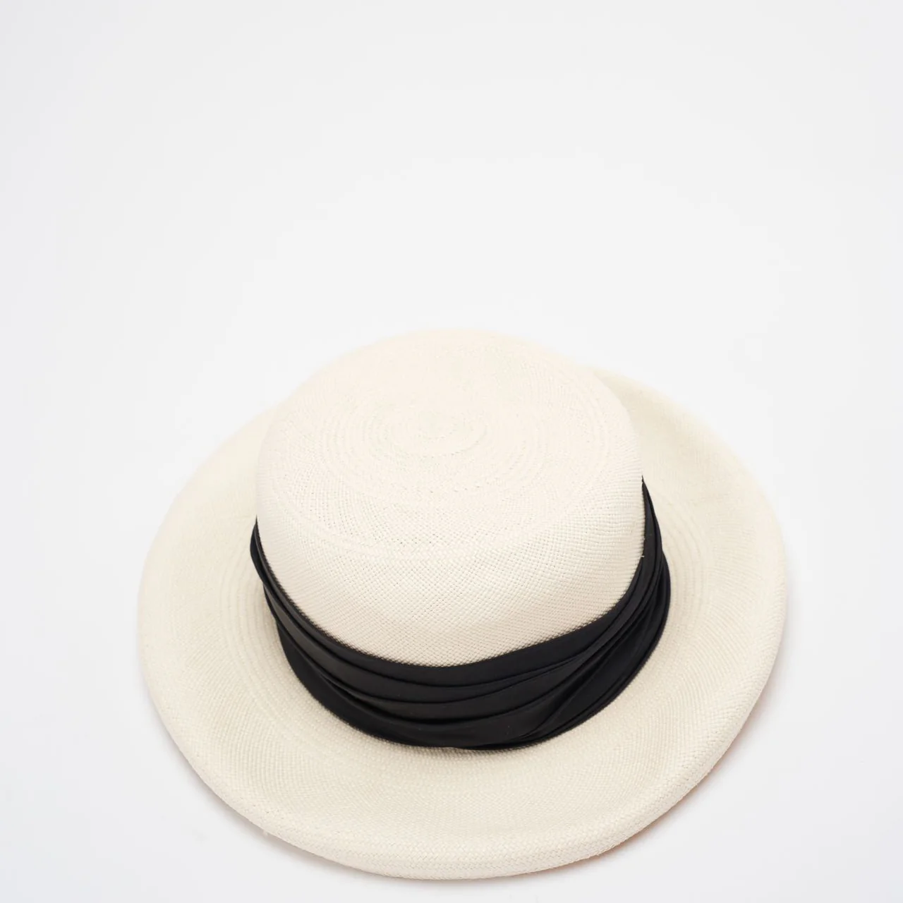 Chanel Straw Boater Hat in White and Black with CC Logo – Size M Up