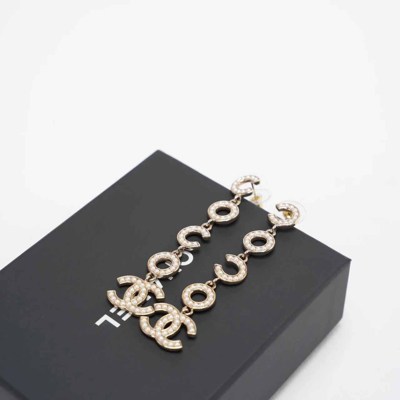 Chanel Coco Drop Earrings Pearl Crystal CC in Gold Side