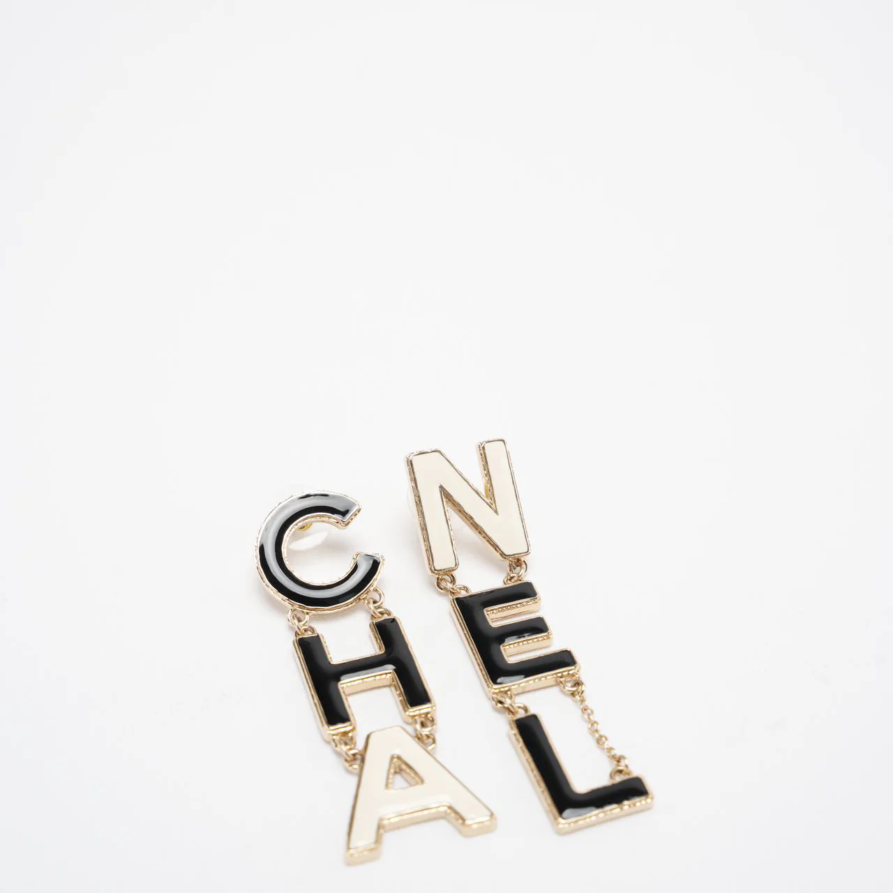 Chanel Cha-Nel Logo Drop Earrings Letter in Brass & Enamel – 2022 Collection Side