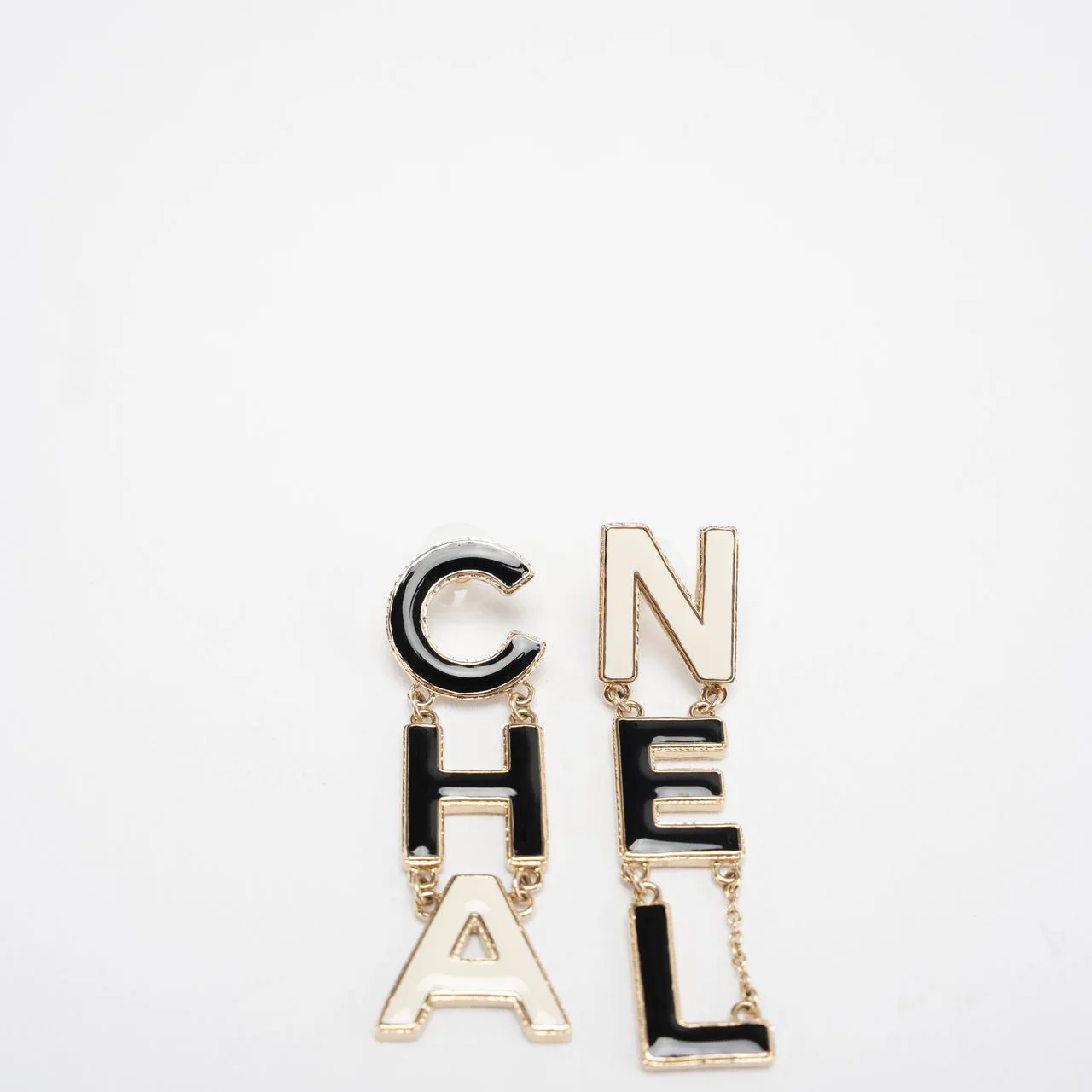 Chanel Cha-Nel Logo Drop Earrings Letter in Brass & Enamel – 2022 Collection Front