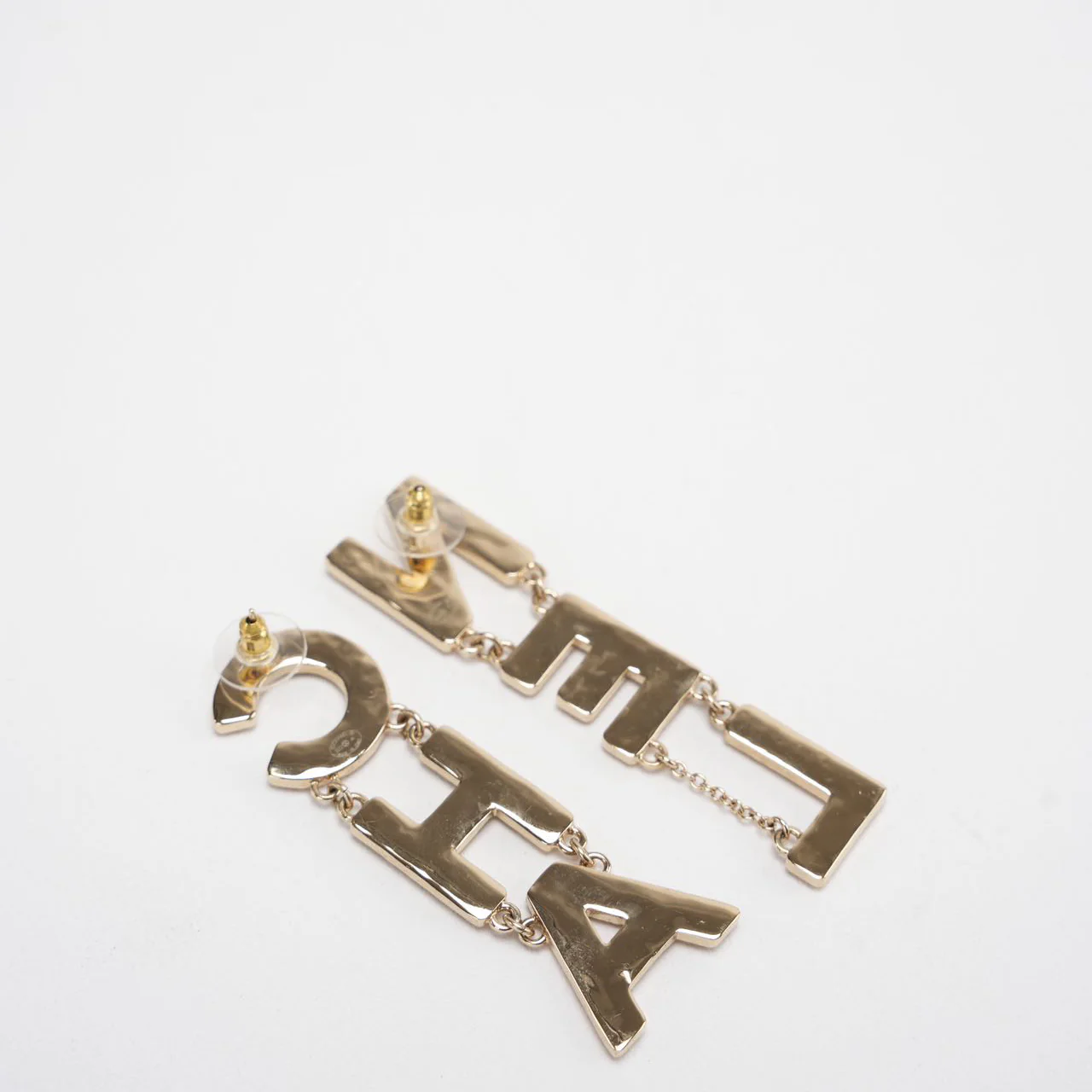 Chanel Cha-Nel Logo Drop Earrings Letter in Brass & Enamel – 2022 Collection Back