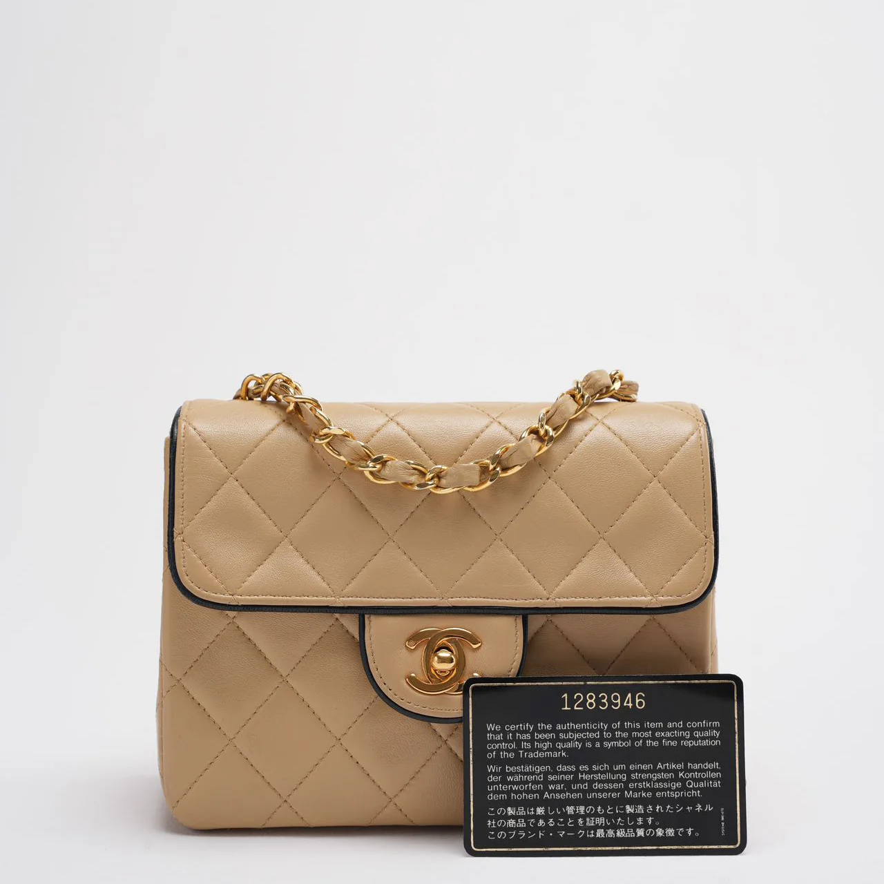 Chanel Vintage Classic/Timeless Mini Square Flap 11.12 Bag in Beige Black With 24k Gold Hardware